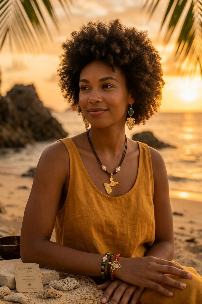 Paysage Antilles femme et bijoux Karaibes styles